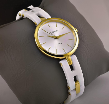 Preview: Adora TS3869 Damenuhr mit weißem Zifferblatt, Edelstahlgehäuse in Gold und Keramikgliederarmband