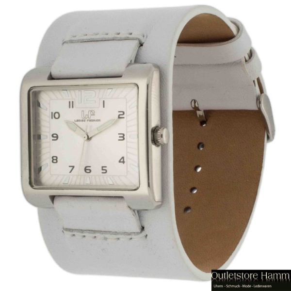 Adora LF6197 Damenarmbanduhr mit eckigem Edelstahlgehäuse und weißem Lederband