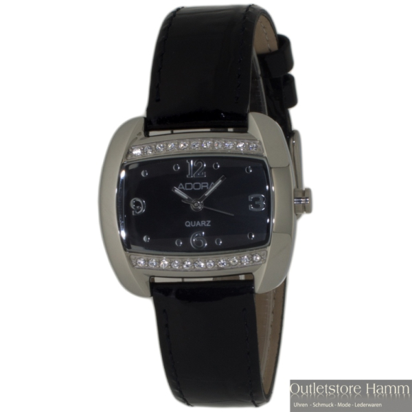 Adora SAOOU8426LCCB07B Damen Quarzuhr mit eckigem Gehäuse, Glanzsteinen, schwarzem Lederarmband und Mineralglas – 3 Bar wasserdicht.