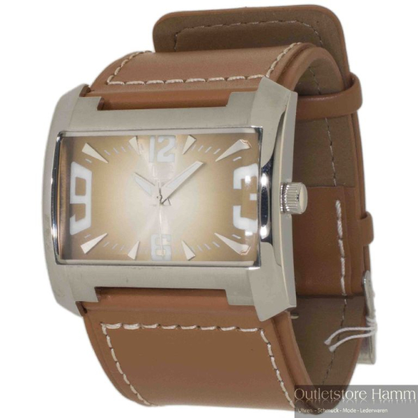 "Adora LF6073 Damenuhr mit eckigem poliertem Edelstahlgehäuse, braunem Lederarmband mit seitlicher Naht, silberfarbenen Zeigern und Ziffern, Mineralglas – 3 Bar wasserdicht"