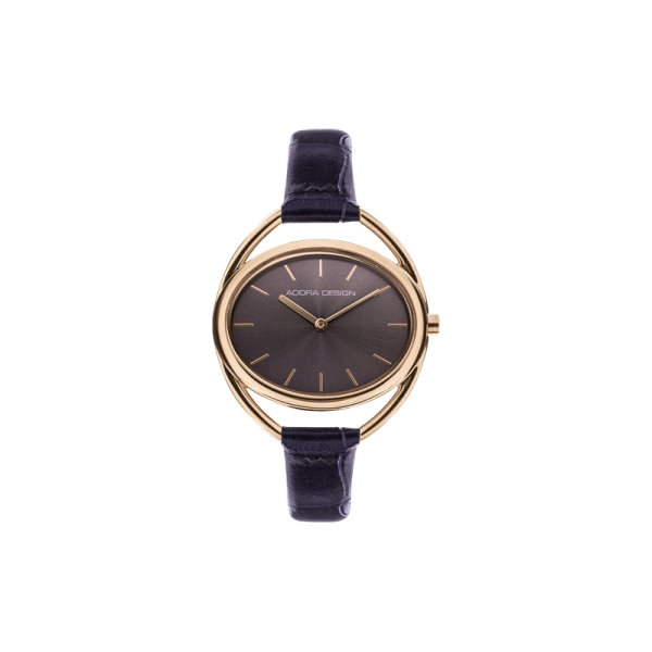 Adora AD8026 Damenuhr mit ovalem roséfarbenem Edelstahlgehäuse, anthrazitfarbenem Zifferblatt, echtem Lederarmband in Blau und 3 Bar Wasserdichtigkeit.