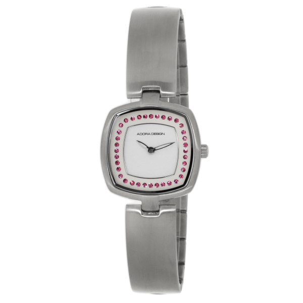 Adora AD8419 Damenuhr mit eckigem Edelstahlgehäuse, pinken Glanzsteinen, weißem Zifferblatt und 5 Bar Wasserdichtigkeit – feminin & elegant.