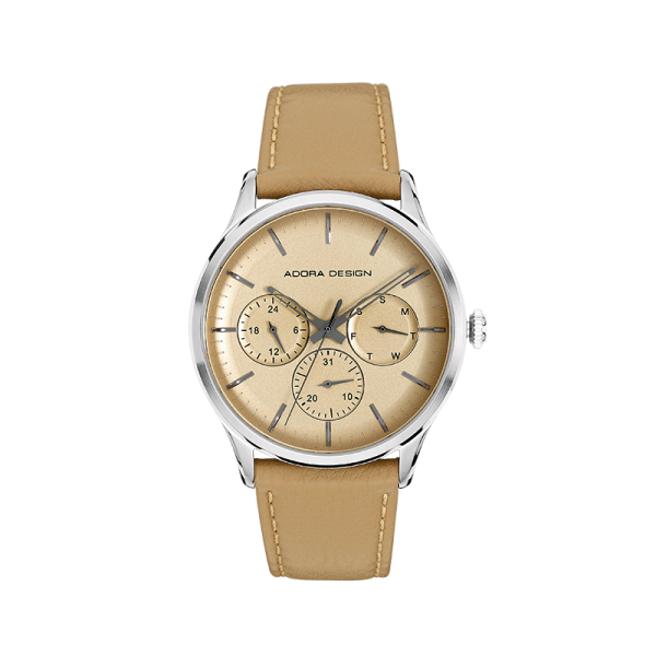 "Adora AD8468 Herrenuhr mit silberfarbenem Edelstahlgehäuse, braunem Lederarmband, Quarzwerk, Mineralglas und Multifunktionsanzeige (24 Std., Datum, Wochentag) – 5 Bar wasserdicht"