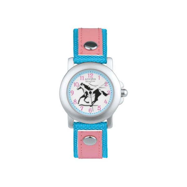 Adora AY4302 Kinderarmbanduhr mit Pferdemotiv, Aluminiumgehäuse, Kunststoffband und Dornschließe – wasserdicht bis 3 Bar