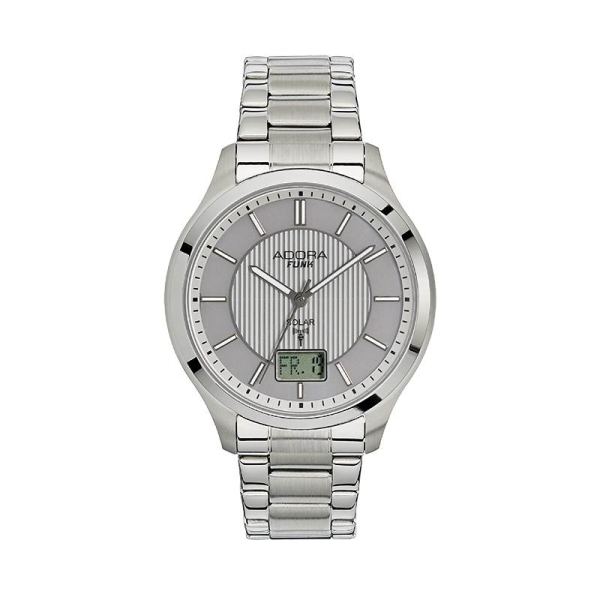Adora AF7177 Herren Funk-Solaruhr mit Edelstahlgehäuse, Mineralglas, Gliederarmband, Datum-/Sekundenanzeige und Empfangsanzeige. 10 Bar wasserdicht.