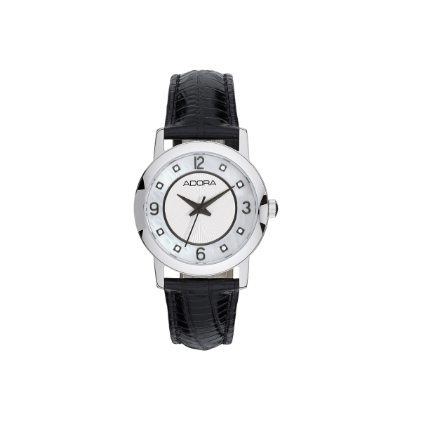 Adora AT5552 Damenuhr mit Edelstahlgehäuse, Mineralglas, Quarzwerk und elegantem Lederarmband. Wasserdicht bis 3 Bar – stilvoll für jeden Tag.