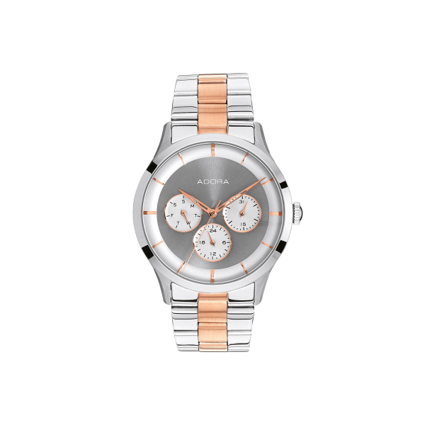 "Adora AT5564 Herrenuhr mit silberfarbenem Edelstahlgehäuse, Multifunktionsanzeige, Mineralglas, Quarzwerk und Faltschließe mit Drücker – 5 Bar wasserdicht"