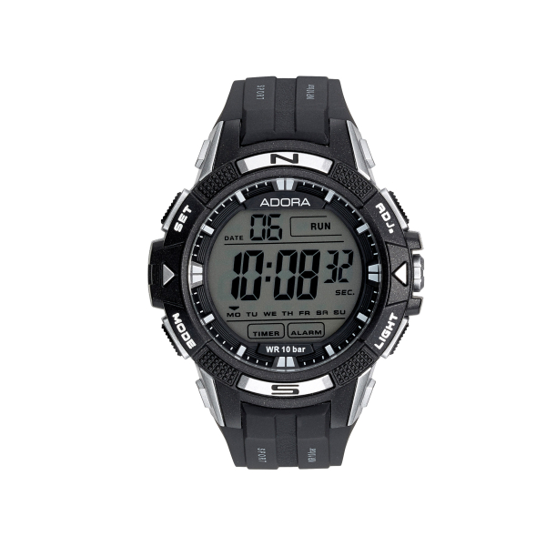Adora AL3532 Herren Digitaluhr mit Kunststoffgehäuse, Chronograph, Alarm, 2. Zeitzone, 10 Bar Wasserschutz und Dornschließe – sportlich & funktional.