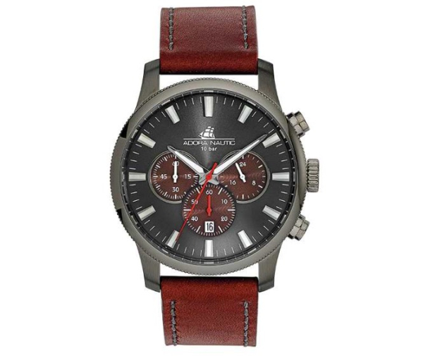 Adora AN2201 Herren Chronograph mit Seiko VD53 Quarzwerk, Edelstahlgehäuse, Mineralglas und Lederarmband mit Dornschließe. 10 Bar wasserdicht.