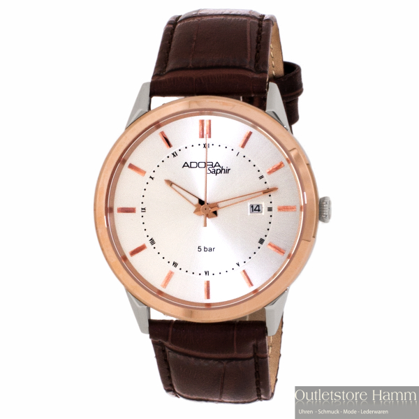 Adora Saphir AS4271 Herrenuhr mit silbernem Zifferblatt, roségoldener Lünette und braunem Lederarmband