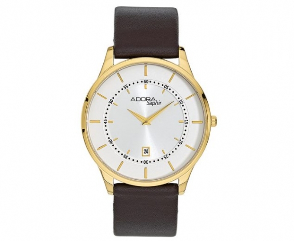Adora AS4492 Herrenuhr mit goldfarbenem Edelstahlgehäuse, Saphirglas und braunem Lederarmband