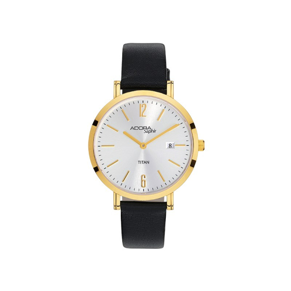 Adora AS4618 Herrenuhr mit goldenem Titangehäuse, Saphirglas, Lederband und 3 Bar Wasserschutz – elegant & widerstandsfähig.