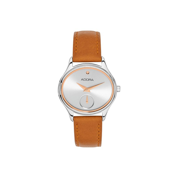 Adora AT5292 Damenuhr mit silberfarbenem Zifferblatt, roségoldenen Zeigern, hellbraunem Lederarmband und kleiner Sekunde bei 6 Uhr – klassisch & feminin.