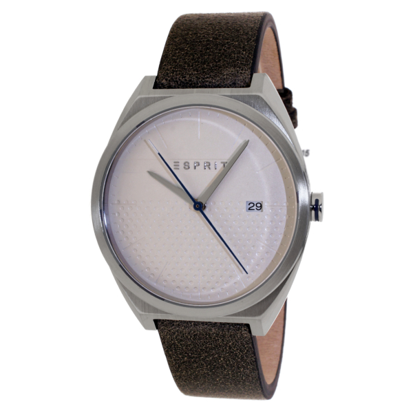 "ESPRIT ES1G056L0015 Slice Gents Herrenuhr mit silberfarbenem Edelstahlgehäuse, braun-grauem Lederarmband, Mineralglas, Datumsanzeige und Dornschließe – 40 mm, 3 ATM wasserdicht"