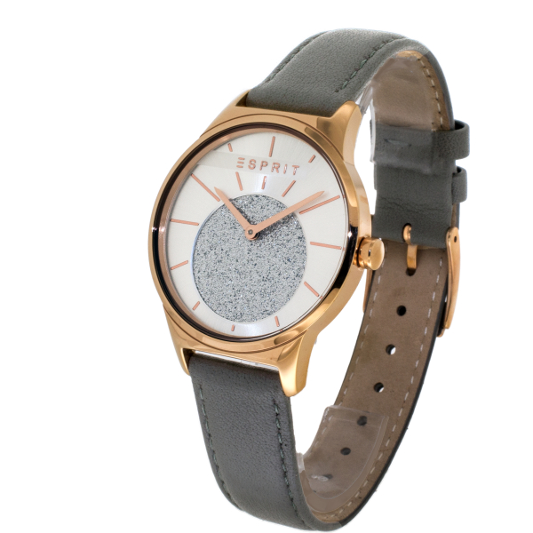 "ESPRIT ES1L026L0035 Grace Grey Damenuhr mit roségoldfarbenem Edelstahlgehäuse, silbernem Zifferblatt, grauem Lederarmband, Mineralglas und Dornschließe – 34 mm, 5 ATM wasserdicht"