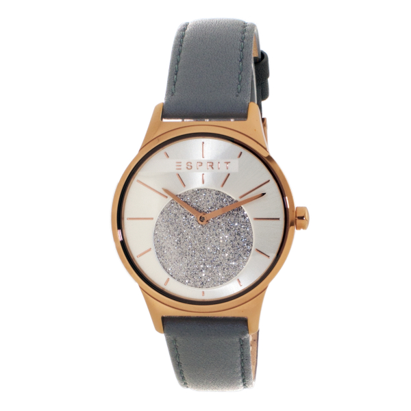"ESPRIT ES1L026L0035 Grace Grey Damenuhr mit roségoldfarbenem Edelstahlgehäuse, silbernem Zifferblatt, grauem Lederarmband, Mineralglas und Dornschließe – 34 mm, 5 ATM wasserdicht"