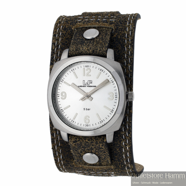 Adora LF6186 Damen Quarzuhr mit silberfarbenem Edelstahlgehäuse, Lederband mit weißer Ziernaht, Mineralglas und 5 Bar Wasserdichtigkeit – modisch & elegant.