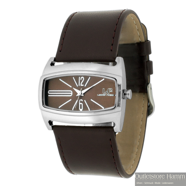 Adora LF6243 Damenuhr mit eckigem Edelstahlgehäuse, braunem Lederarmband, silberfarbenen Zeigern und 3 Bar Wasserschutz – stilvoll & klassisch.
