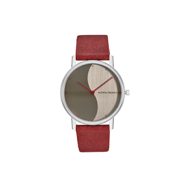 "Adora AD8497 Damenuhr mit silbernem Edelstahlgehäuse, rotem Lederarmband, Mineralglas und Quarzwerk – 3 Bar wasserdicht"