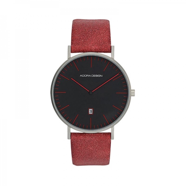 Adora AD8596 Herrenuhr aus Edelstahl mit rotem Lederarmband und schwarzem Zifferblatt – sportliche Quarzuhr für Herren