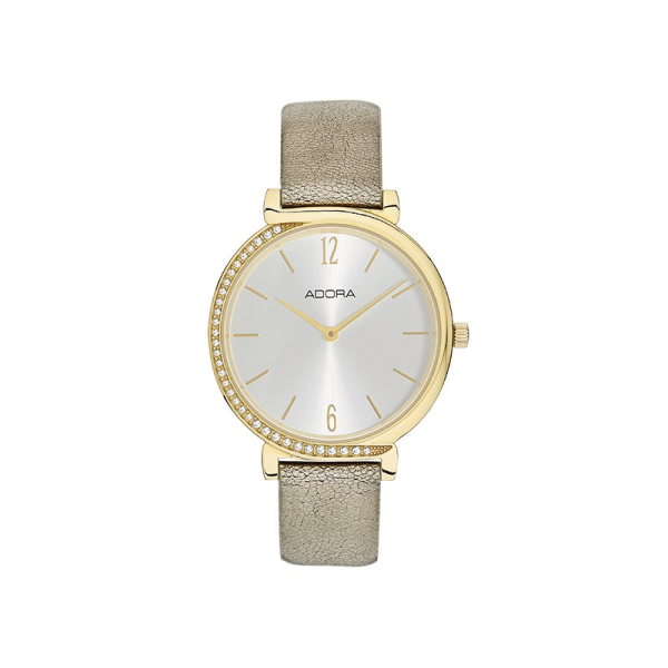 "Adora Damenarmbanduhr AT5474 mit goldfarbenem Edelstahlgehäuse, schwarzem Lederarmband, Mineralglas und Dornschließe, 3 Bar wasserdicht"