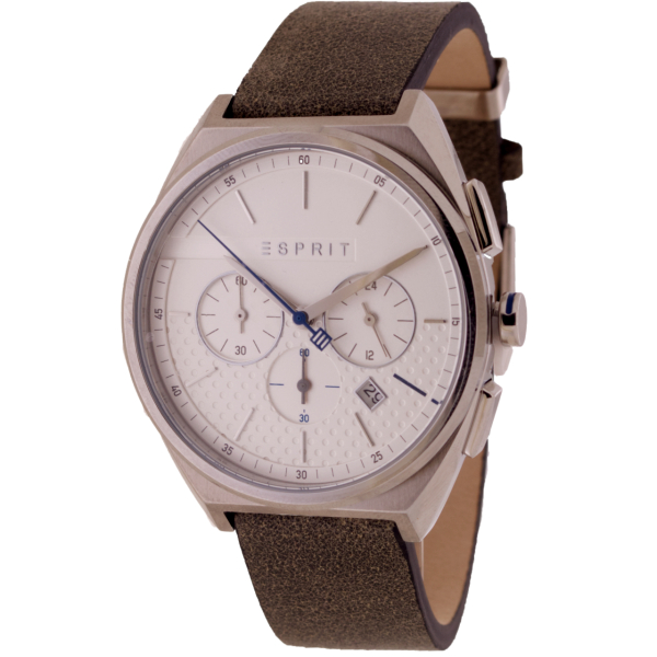 "ESPRIT ES1G062L0015 Slice Chrono Herrenuhr mit silberfarbenem Edelstahlgehäuse, braunem Lederarmband, Mineralglas, Chronograph- und Datumsanzeige – 42 mm, 3 ATM wasserdicht"