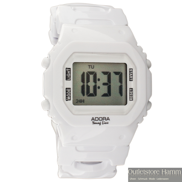 Adora SBADUU4001 Digitaluhr in Weiß mit Kunststoffgehäuse, 5 Bar Wasserschutz, Alarm, Stoppuhr, Beleuchtung und Wochentagsanzeige – sportlich und funktional.